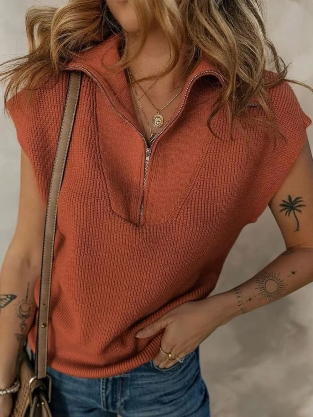 Brand New! Women's Zip-Front Sleeveless Sweater Vest in Rust